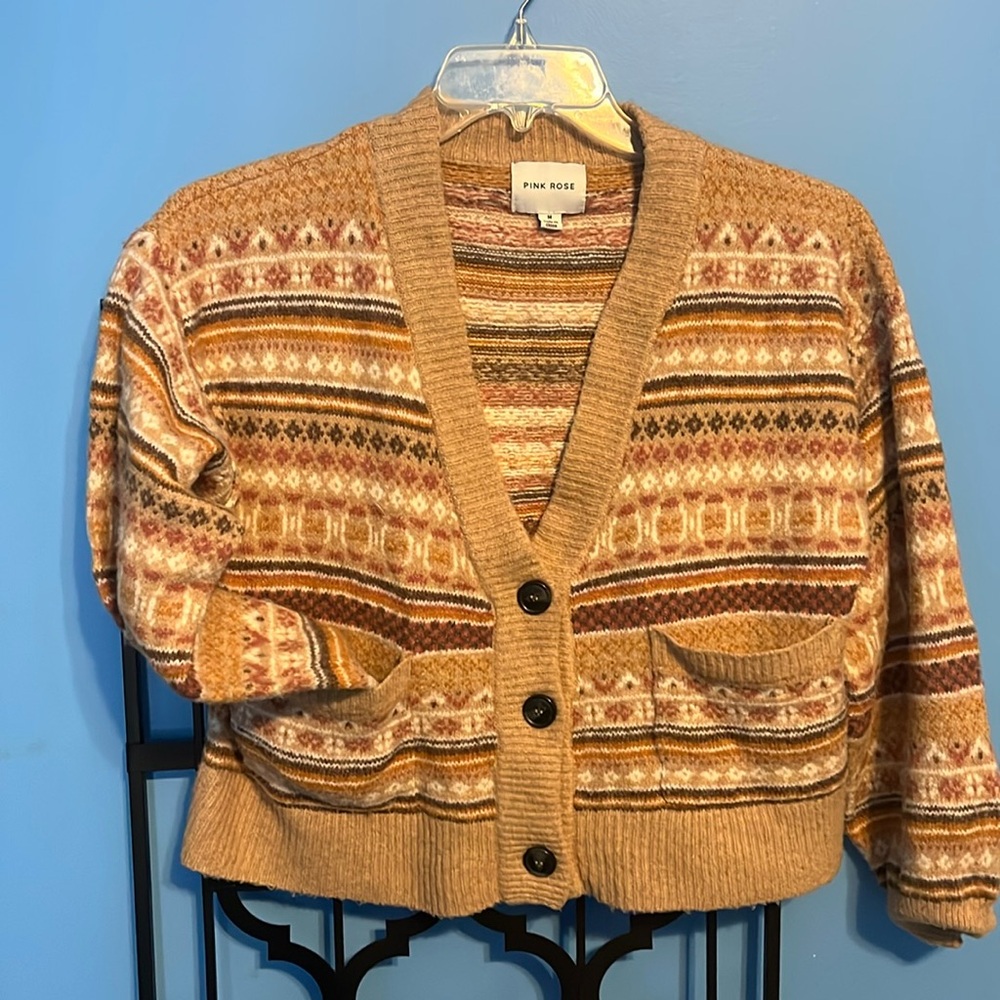Pink Rose V-neck Cardigan, size M, Beige is main color.